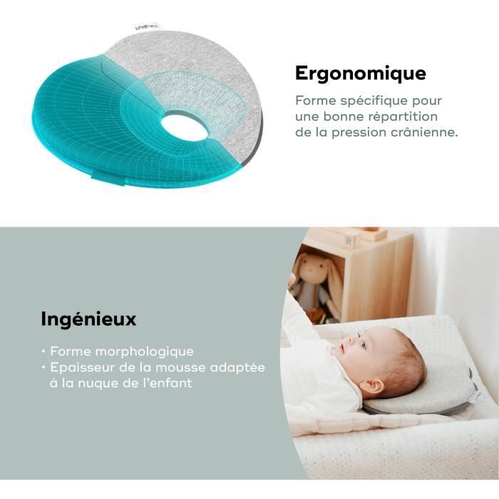 BABYMOOV Support de tete morphologique pour bébé Lovenest Original, coton bio certifié oeko-Tex, lavable en machine, smokey