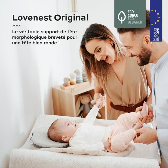 BABYMOOV Support de tete morphologique pour bÈbÈ Lovenest Original, coton bio certifiÈ oeko-Tex, lavable en machine, smokey