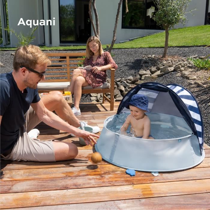 BABYMOOV Aquani mariniere 3 en 1, aire de jeux, piscine & lit d'appoint, anti-UV FPS 50+, 2 jeux + moustiquaire inclus