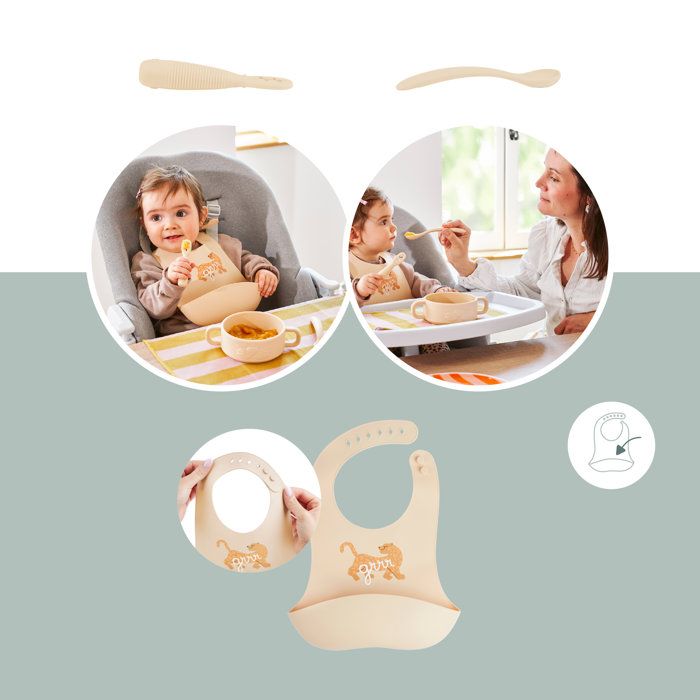 Babymoov - Coffret Premiers Repas Bébé Silicone - Vaisselle Diversification Alimentaire - Développé avec Ergothérapeute - Mini Roar