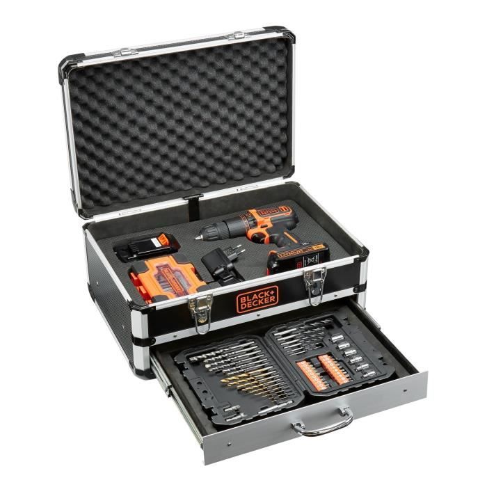 Kit perceuse a percussion sans fil - 18V - BLACK+DECKER - BDC718AS2F-QW - 2 batteries - chargeur - malette + 80 accessoires
