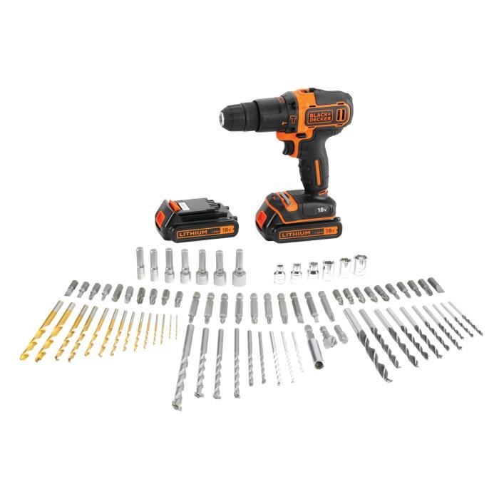 Kit perceuse a percussion sans fil - 18V - BLACK+DECKER - BDC718AS2F-QW - 2 batteries - chargeur - malette + 80 accessoires