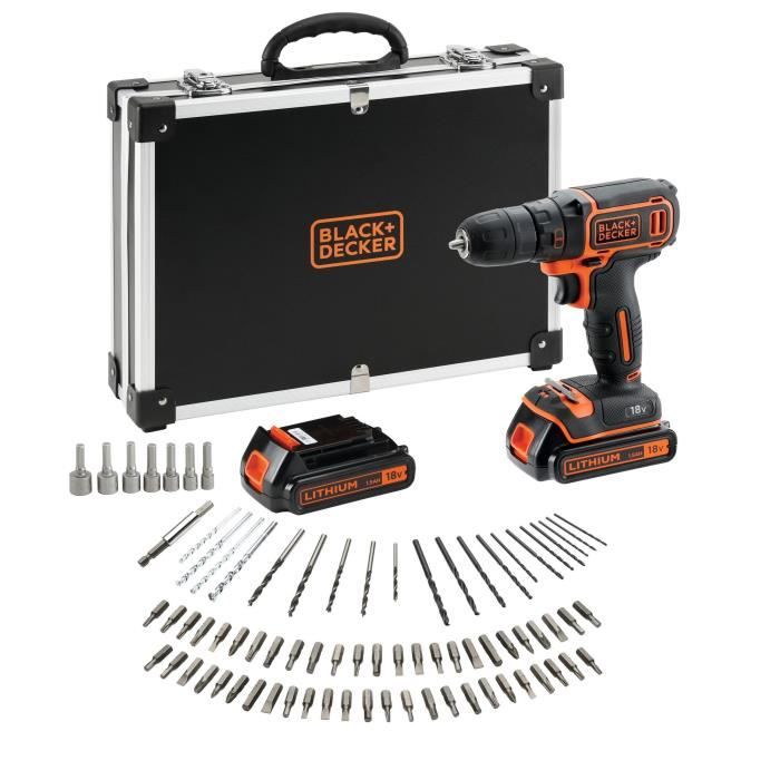 Kit perceuse visseuse sans fil - 18V - BLACK+DECKER - BDCDC18BAFC-QW - 2 batteries - chargeur - coffret + 80 accessoires