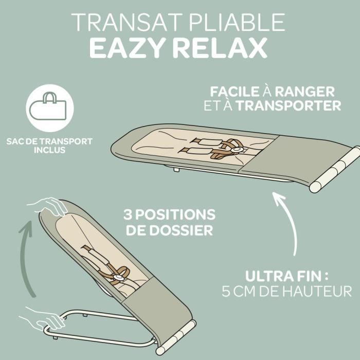 B…ABA, Transat  Pliable, 3 inclinaisons en 1 Bouton, Ultra Compact et Fin, Eazy Relax - Lichen