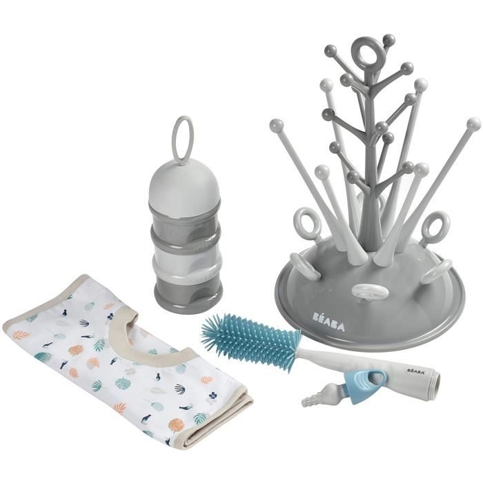 BEABA, Coffret naissance, Egoutte biberon arbre grey + Boite doseuses light/dark mist + Goupillon silicone + Bavoir coton tropical