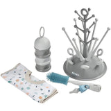 BEABA, Coffret naissance, Egoutte biberon arbre grey + Boite doseuses light/dark mist + Goupillon silicone + Bavoir coton tropical