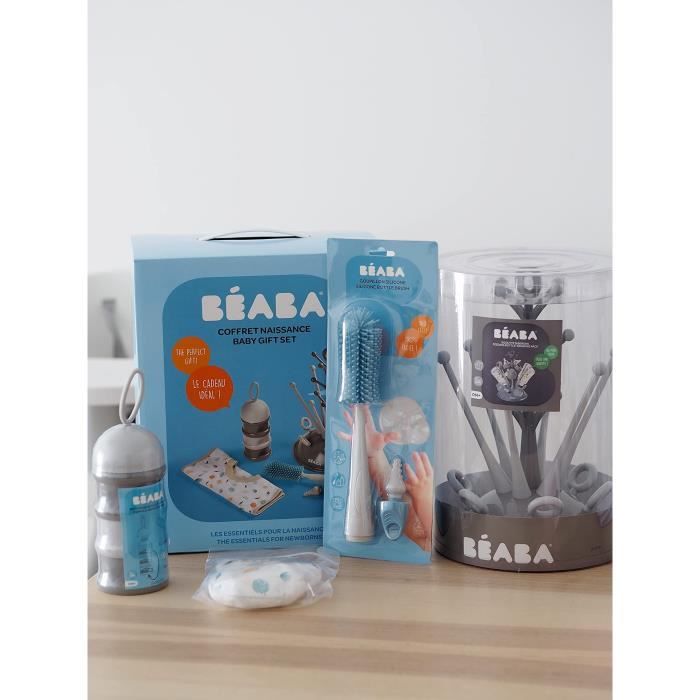 BEABA, Coffret naissance, Egoutte biberon arbre grey + Boite doseuses light/dark mist + Goupillon silicone + Bavoir coton tropical