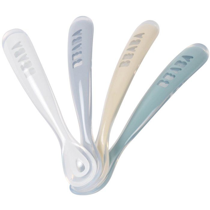 Lot de 4 cuilleres - BEABA - 1er âge - En silicone - Set Galet / Bleu nuage / Bleu baltique / Argile