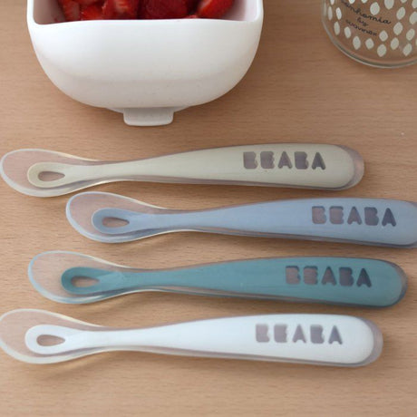 Lot de 4 cuilleres - BEABA - 1er âge - En silicone - Set Galet / Bleu nuage / Bleu baltique / Argile