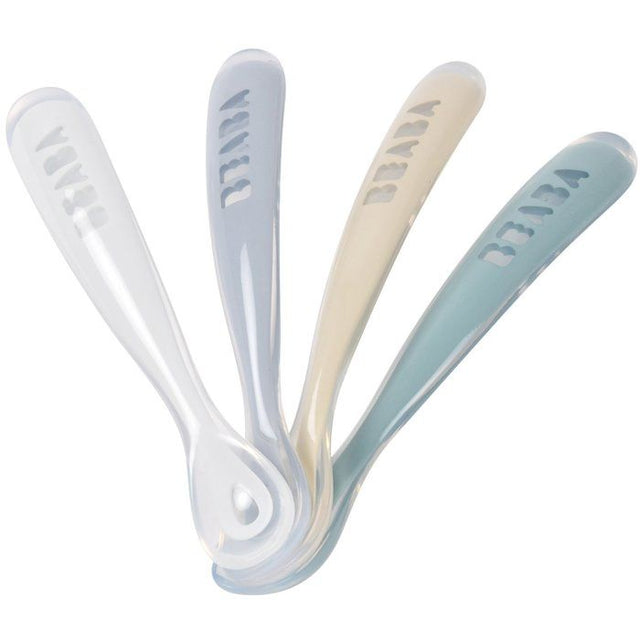 Lot de 4 cuilleres - BEABA - 1er âge - En silicone - Set Galet / Bleu nuage / Bleu baltique / Argile