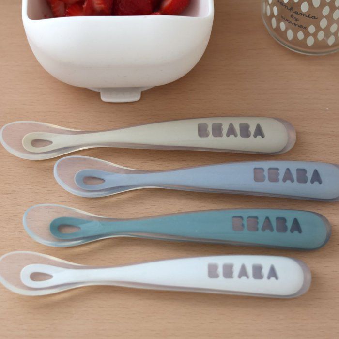 Lot de 4 cuilleres - BEABA - 1er âge - En silicone - Set Galet / Bleu nuage / Bleu baltique / Argile