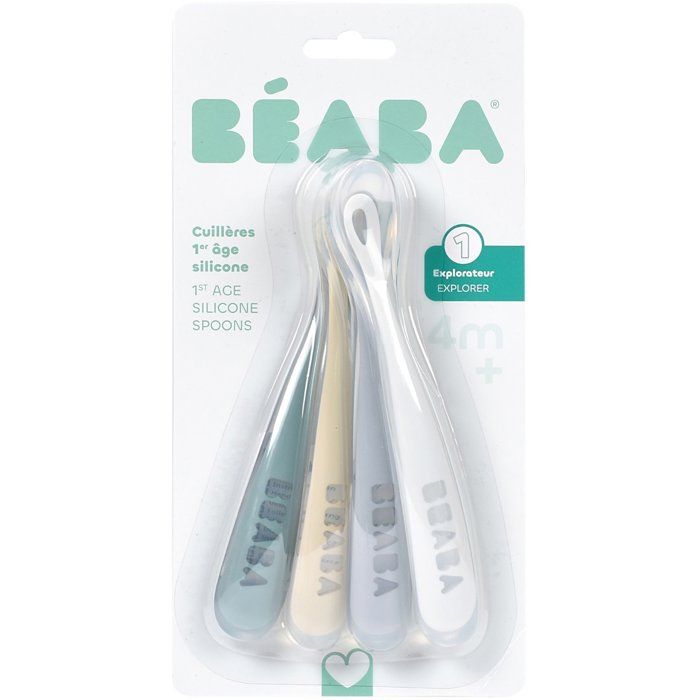 Lot de 4 cuilleres - BEABA - 1er âge - En silicone - Set Galet / Bleu nuage / Bleu baltique / Argile