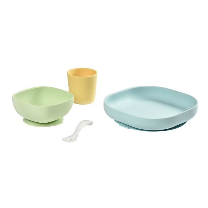 BEABA Set vaisselle silicone repas bébé, 4 pieces, avec ventouse, anti-dérapant, jaune