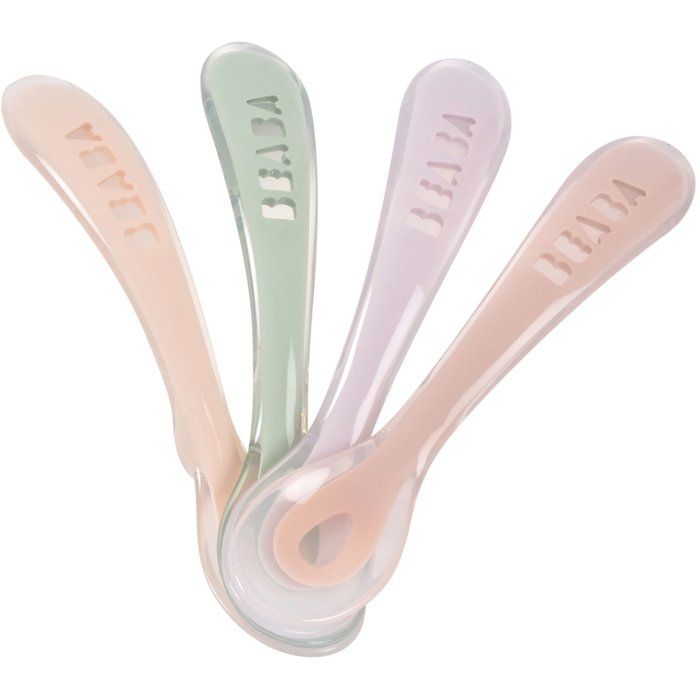 Lot de 4 cuilleres - BEABA - 2eme âge - En silicone - Set Barbe a papa / Guimauve / Vert de gris / Lila