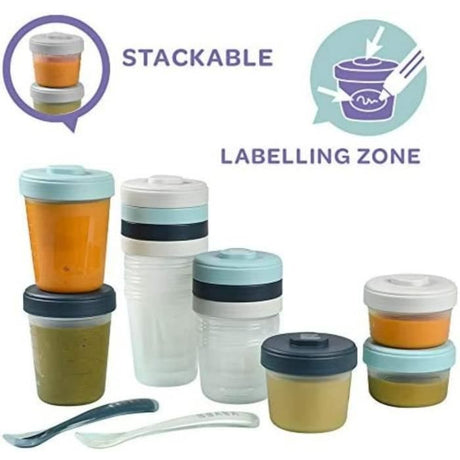 BÉABA - Lot 12 Portions Conservation et 2 Cuilleres Silicone - Pack 1er Repas - Storm