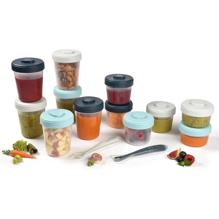 BÉABA - Lot 12 Portions Conservation et 2 Cuilleres Silicone - Pack 1er Repas - Storm