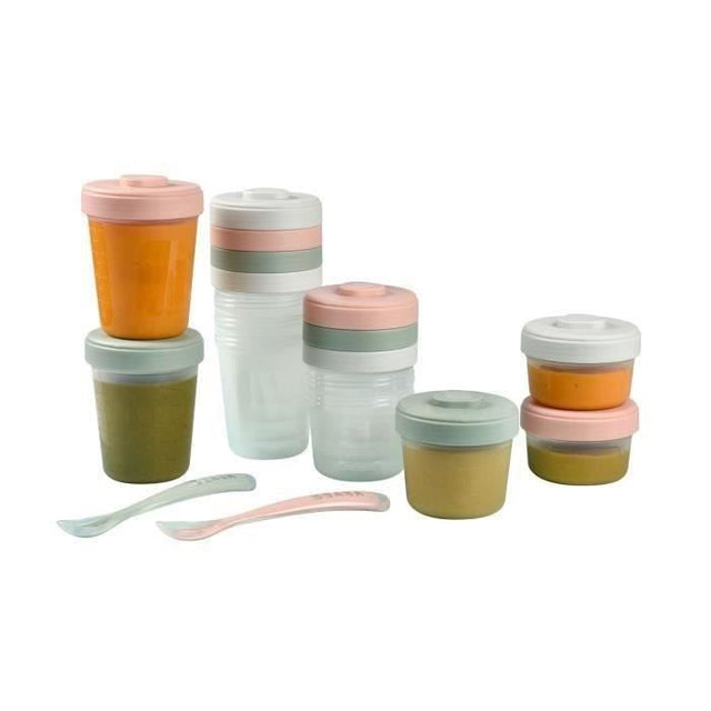 BÉABA - Lot 12 Portions Conservation et 2 Cuilleres Silicone - Pack 1er Repas - Eucalyptus
