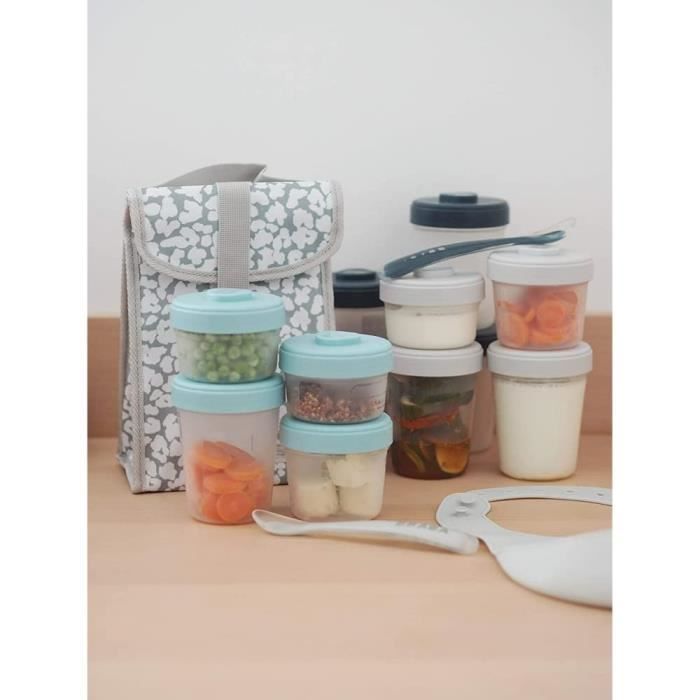 BÉABA - Lot 12 Portions Conservation et 2 Cuilleres Silicone - Pack 1er Repas - Eucalyptus