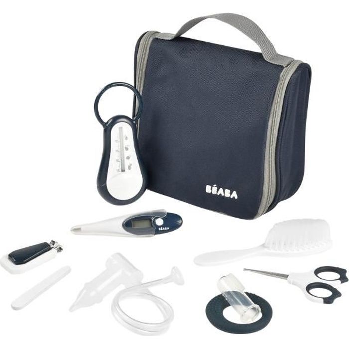 BÉABA - Trousse de Toilette Bébé - 9 Accessoires - Thermometre Bain et Digital - Anneau Dentition - Masseur de Gencives - Night Blue