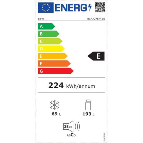 Réfrigérateur combiné - BEKO - BCHA275K4SN - Intégrable - 262 L (193 + 69) - FrostFree - Classe E - HarvestFresh - 177.5x54x54.5