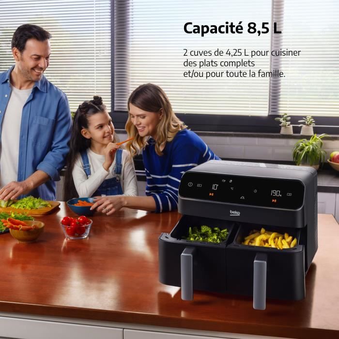 Friteuse multifonction a air chaud - BEKO - FRL5388B - 2400 W - 8,5 L pour 2 kg de frites - 2 cuves (2x 4,5 L) - Noir