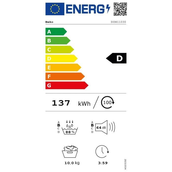 Seche-linge pompe a chaleur BEKO b300 Eco sense D0H11030 - 10 kg - L60cm - Blanc