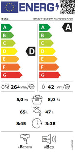 Lave-linge séchant BEKO BM3DT48501W - 8 / 5 kg - Induction - 60 cm - 1400 trs/min - Blanc