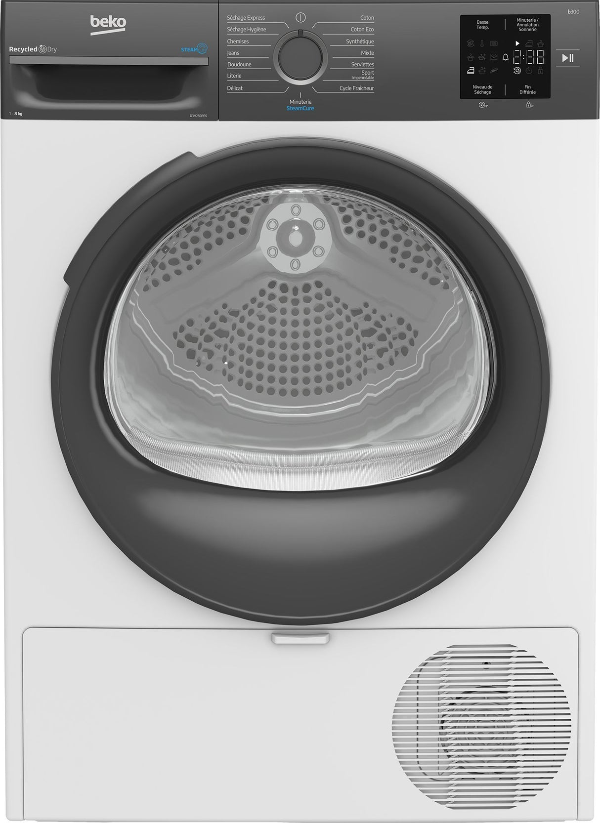 Seche-linge pompe a chaleur BEKO D3H28D93S b300 Eco Sense - 8 kg - L60cm - Classe D - Blanc