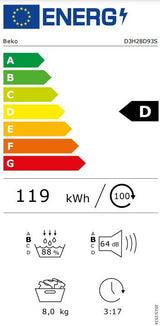 Seche-linge pompe a chaleur BEKO D3H28D93S b300 Eco Sense - 8 kg - L60cm - Classe D - Blanc