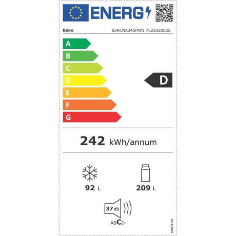 Réfrigérateur combiné - BEKO - B3RCNA345HW1 - 301 L - Ventilé -  HarvestFresh - Porte bouteille - Classe D -186.5x59.5x66.3 - Blanc