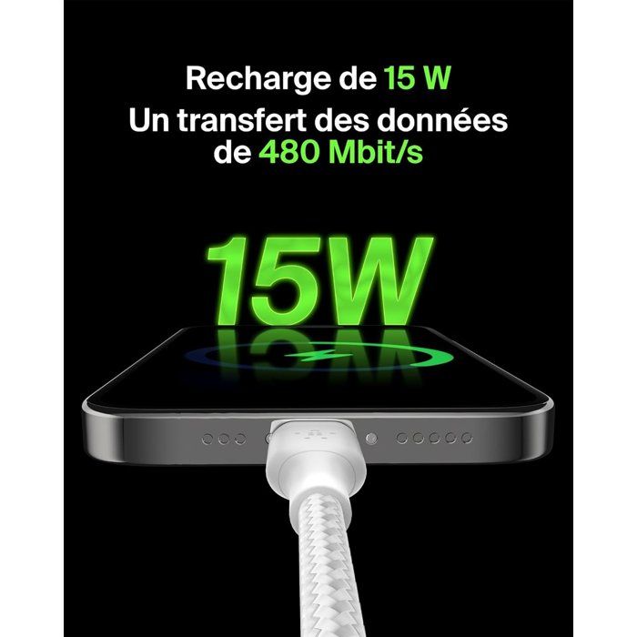 Câble tressé - BELKIN - USB-C vers USB-A - 0,15 m - Blanc