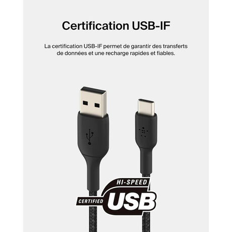 Câble tressé - BELKIN - USB-C vers USB-A - 2 m - Noir