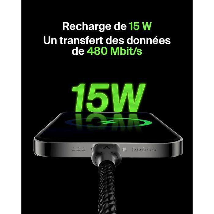 Câble tressé - BELKIN - USB-A vers USB-C - 3 m - Noir