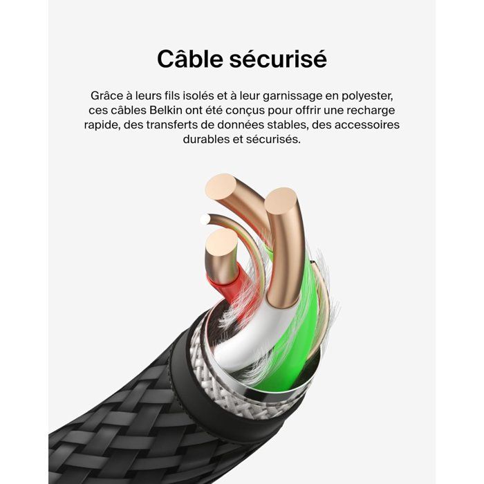 Câble tressé - BELKIN - USB-A vers USB-C - 3 m - Noir