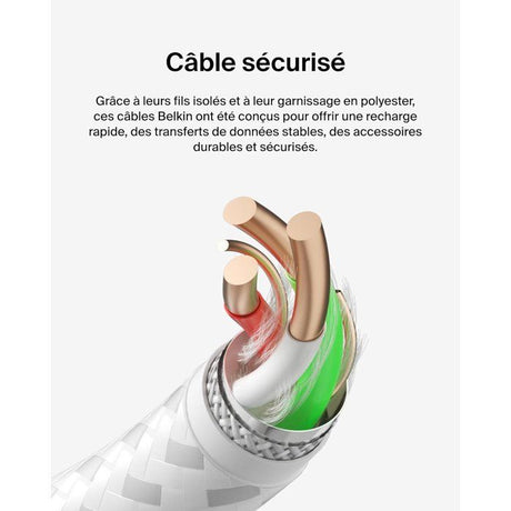 Câble tressé - BELKIN - USB-A vers USB-C - 3 m - Blanc