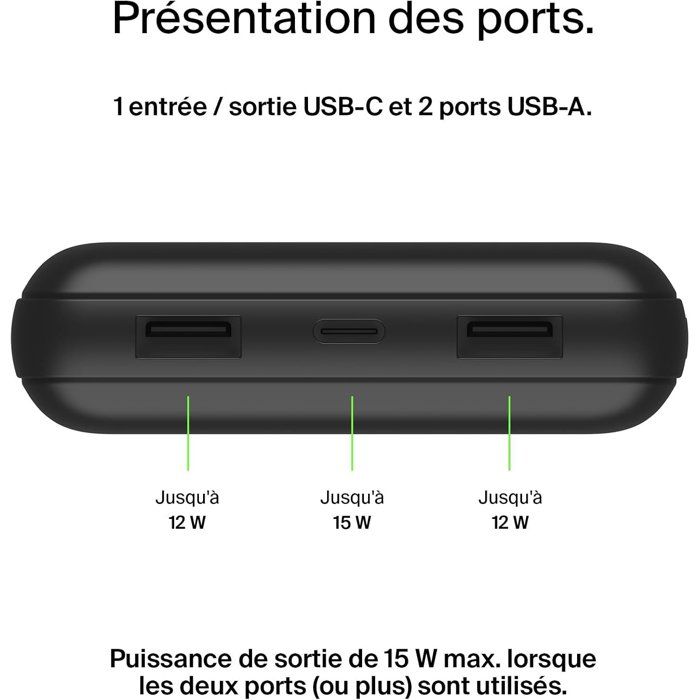 Batterie externe - BELKIN - 20 000 mAh - USB-A & USB-C - 15 W - Noir
