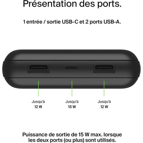 Batterie externe - BELKIN - 20 000 mAh - USB-A & USB-C - 15 W - Noir