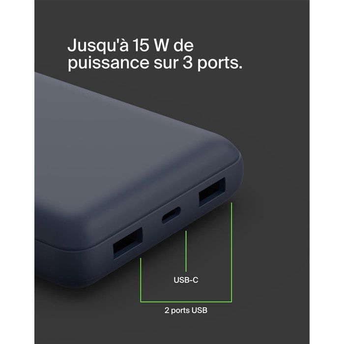 Batterie externe - BELKIN - 20 000 mAh - USB-A & USB-C - 15 W - Bleu
