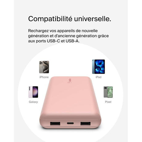 Batterie externe - BELKIN - 20 000 mAh - USB-A & USB-C - 15 W - Rose