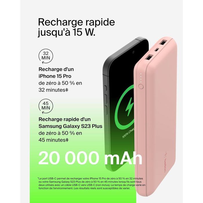 Batterie externe - BELKIN - 20 000 mAh - USB-A & USB-C - 15 W - Rose