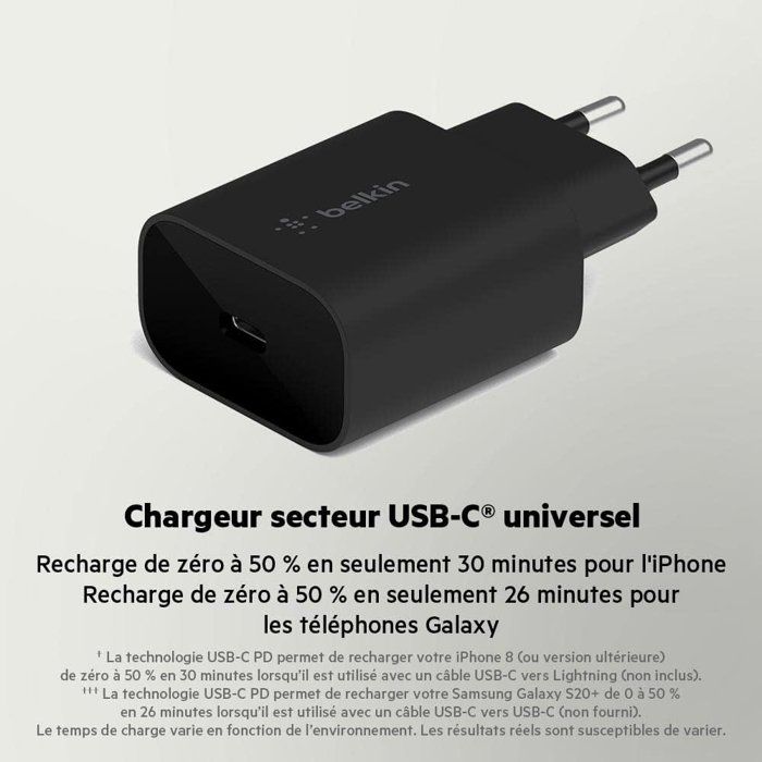Chargeur secteur - BELKIN - USB-C - 25 W - PD PPS - Noir