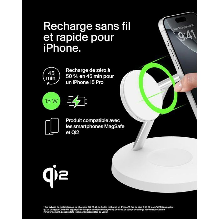 Station de recharge - BELKIN - Qi1 - 3-en-1 - 15 W - Blanc