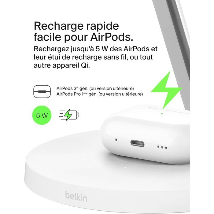Station de recharge - BELKIN - Qi1 - 3-en-1 - 15 W - Blanc