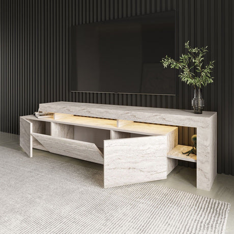 Meuble TV avec éclairage LED - BELIZ - Marbre travertin - 192 x 53 x 37 cm