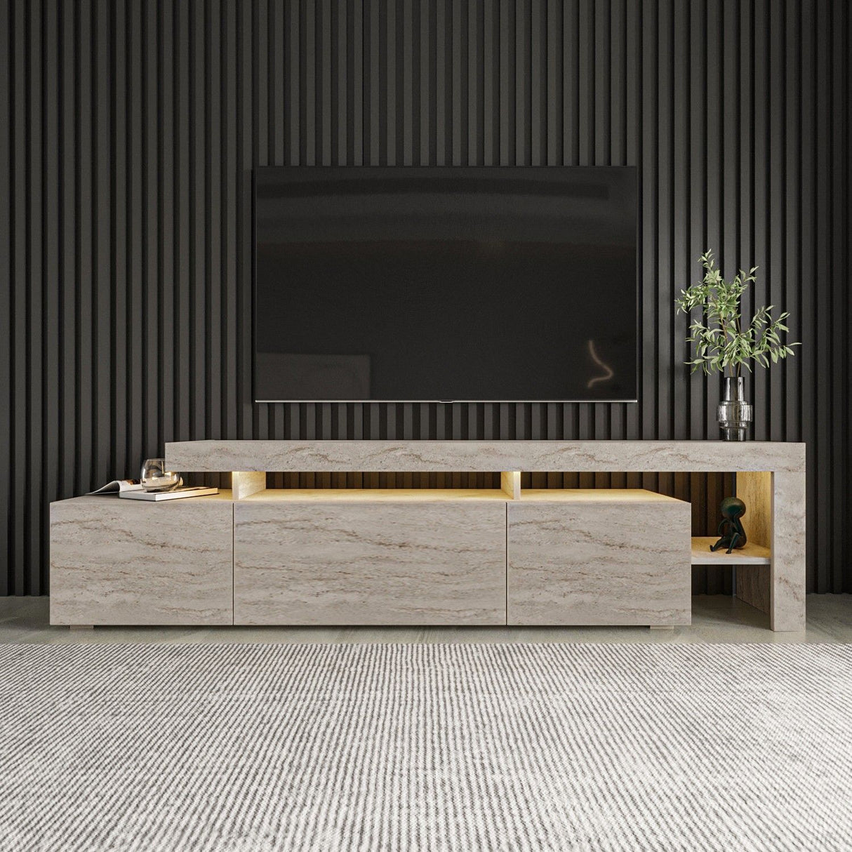 Meuble TV avec éclairage LED - BELIZ - Marbre travertin - 192 x 53 x 37 cm