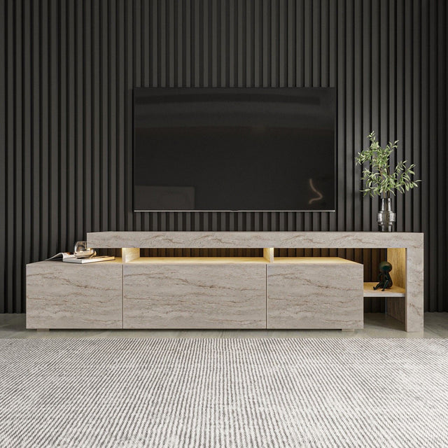 Meuble TV avec éclairage LED - BELIZ - Marbre travertin - 192 x 53 x 37 cm