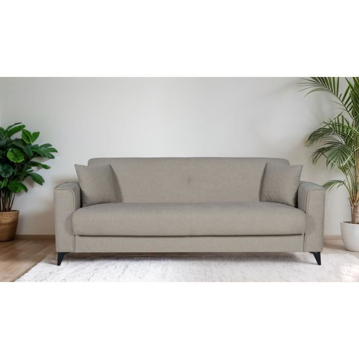 Canapé convertible 3 places - BERGAMO - Tissu beige - 2 coussins - coffre de rangement -  230 x 85 x 89 cm