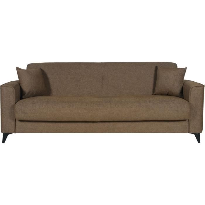 Canapé convertible 3 places - BERGAMO - Tissu marron - 2 coussins - coffre de rangement -  230 x 85 x 89 cm