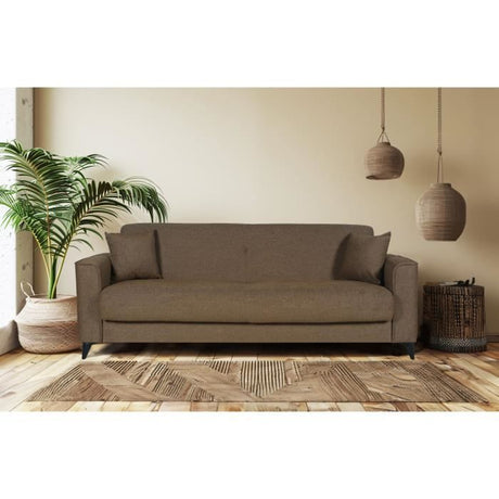 Canapé convertible 3 places - BERGAMO - Tissu marron - 2 coussins - coffre de rangement -  230 x 85 x 89 cm