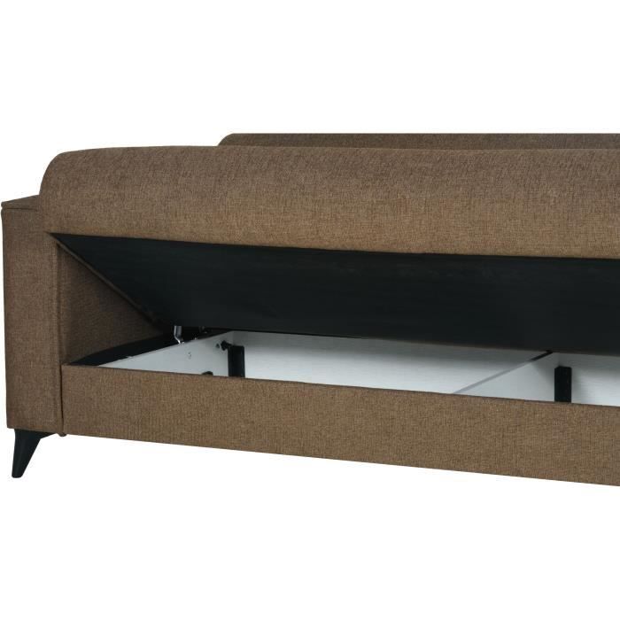 CanapÈ convertible 3 places - BERGAMO - Tissu marron - 2 coussins - coffre de rangement -  230 x 85 x 89 cm